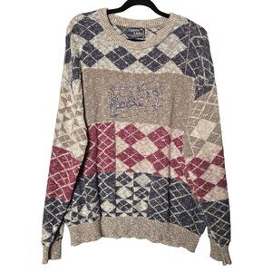 Vintage Men's XXL Novelty 3D Knit Embroidered Golf Sweater Argyle Gray Maroon Na